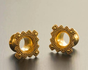 22K Solid Gold Tribal Ear Plugs- Gold Ear Tunnels- Ear Gauges- Gold Tunnels- Body Piercing Jewelry