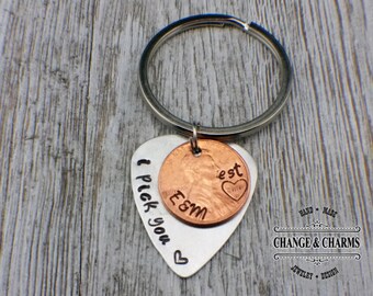 I Pick You, Guitar Pick, Lucky Penny, Personalized Penny Keychain, Anniversary Gift, Gift For Husband/Boyfriend, Gift for Wife/Girlfriend