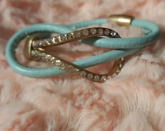 Infinity Double Leather Strap Bracelet with Matte Gold Rhinestone Center