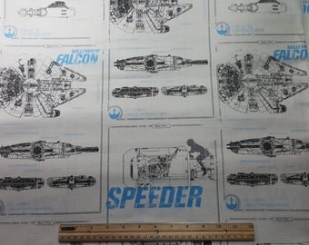 Star Wars Fabric, Millennium Falcon, By the Yard or Fat Quarter, Star Wars Force Awakens, Rey's Speeder, Star Wars Ships, Schematics, FBTY