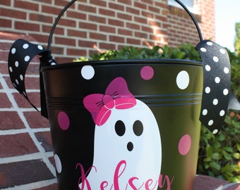 Personalized Halloween Bucket, Metal Bucket, Girly Ghost, Trick or Treat Pail