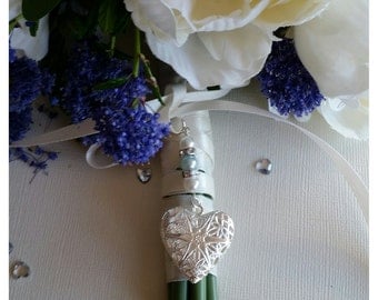 Wedding Bouquet Photo Charm Photo Frame Bridal Silver Filigree Heart Locket with pale blue andivory pearls & Gift Bag
