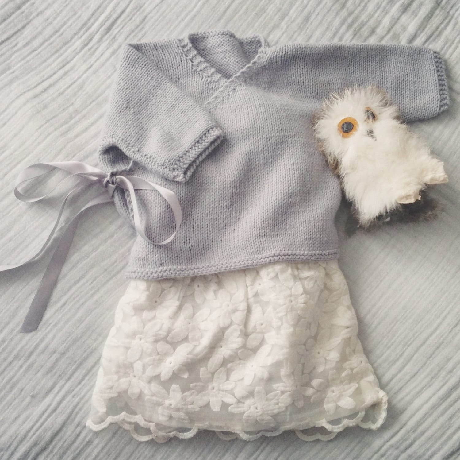 Wrap Ballet Sweater Gray 3/4 sleeve ribbon bow by nuhnhandmade