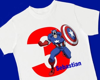 Captain America Birthday Tee. Super Hero Birthday T-Shirt. Personalized with Name Age or Number (15049)