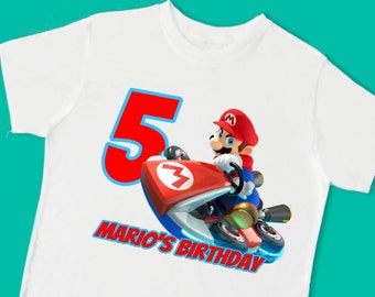 Mario Kart Birthday Tee. Super Mario Birthday T-Shirt. Personalized with Name Age or Number (15091)