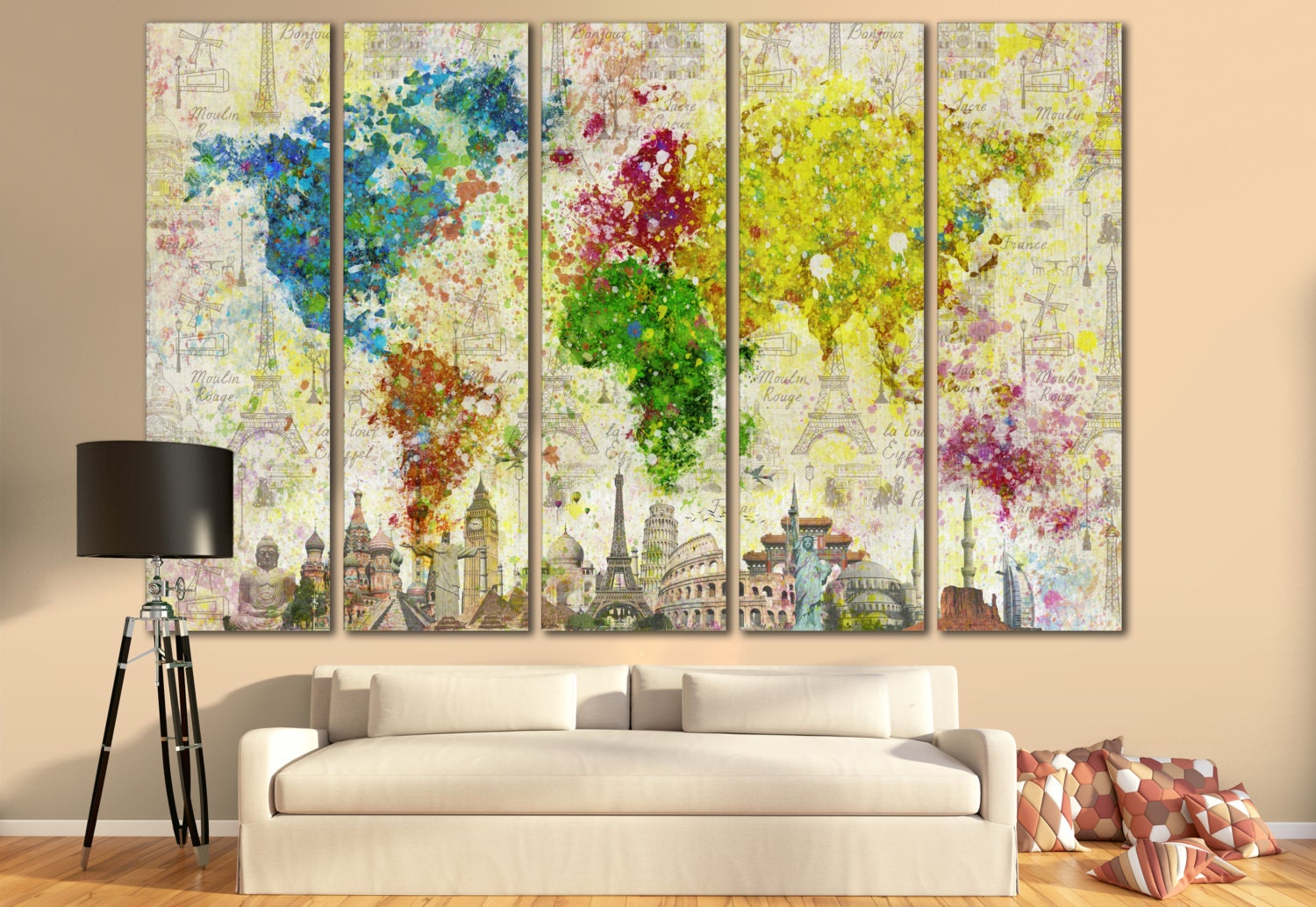 LARGE World Map Canvas Print Wall Art 13 Or 5 Panel Art