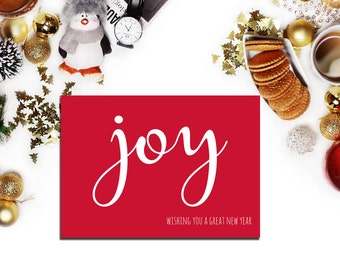 New Years Card 2017, happy new year card, holiday card, printable cards, white red greeting card, joy card DIY, New Year Card Holiday Cards