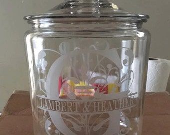 Custom/personalized Split Monogram etched glass 1 gallon cookie jar