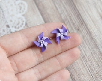 Origami earrings for girl gift Summer earrings for sensitive ears Pinwheel earrings purple jewelry Whirligig earrings Windmill jewelry gift