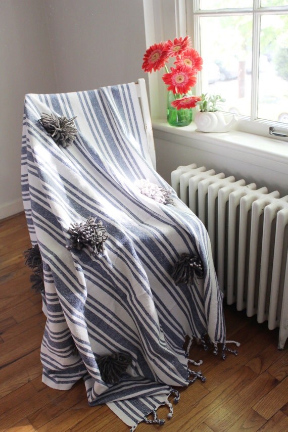 SALECotton Pom Pom Throw Blanket / Blue and Grey / Stripes