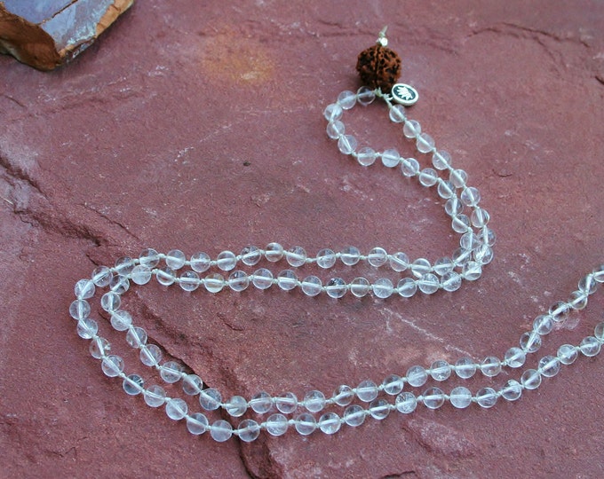 108-Bead Knotted Cristal Mala With Lotus Sterling Silver Charm, Rudraksh Bead & Facetted Silver Bead (97% Silver)