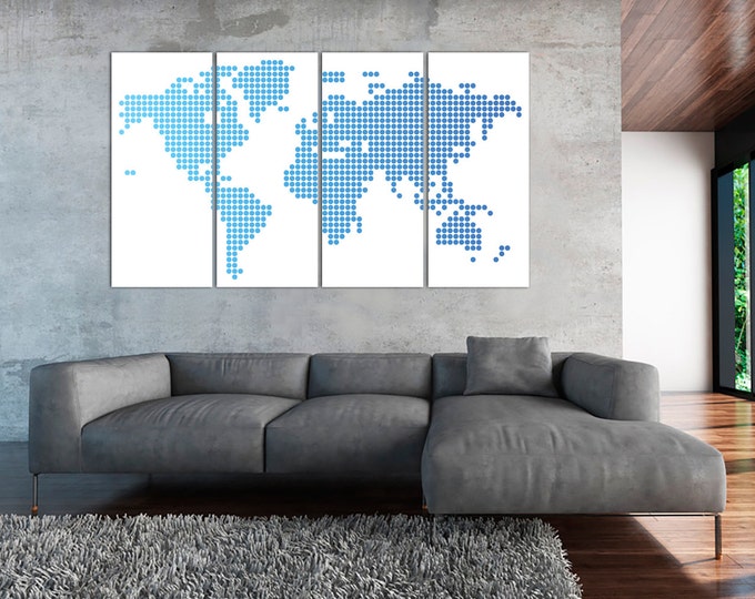 Blue Dotted Large World Map Canvas print, Abstract Wall Art \ 1,3,4 or 5 Panels on Canvas Wall Art for Home or Office Decoration