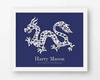 Year of the dragon, 2012, Chinese zodiac, Custom name prints, Personalized name, Birthday gift, Newborn gift, Baby gift, Nursery wall art