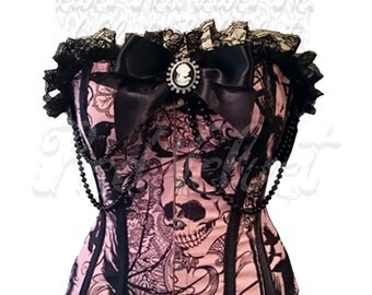Corset-overbust tailored with Gothic print, Picot lace at the chest, cameo and Pearl