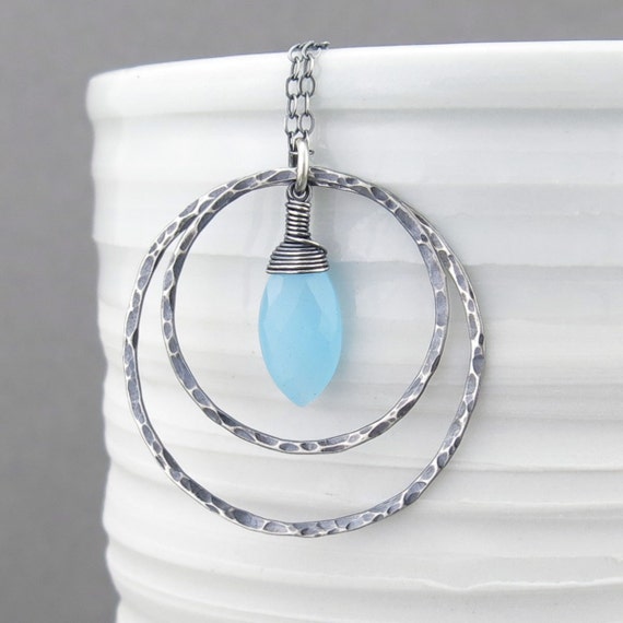 Blue Necklace Silver Pendant Necklace Silver Circle Necklace Layering