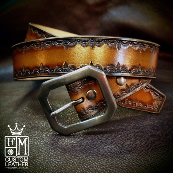 Leather Belt Hand Tooled Brown fade Western/ Native border Custom made for YOU in New York City by Freddie Matara