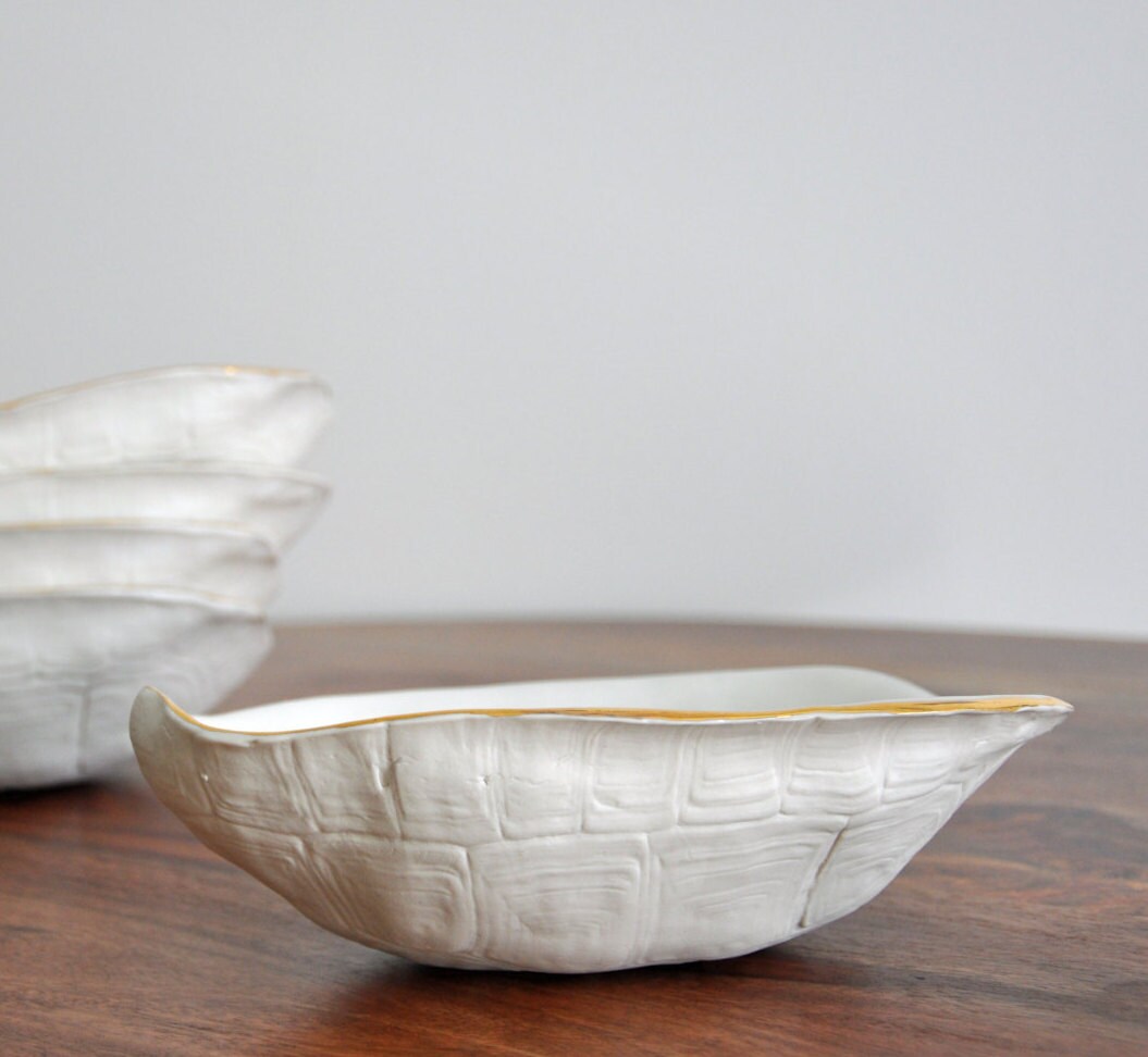 Large Turtle Shell Gold Rimmed White Turtle Shell Bowl