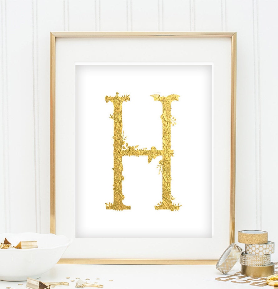 letter h printable gold foil print floral monogram print