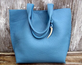 Celedon Blue Leather Tote Bag by Stacy Leigh