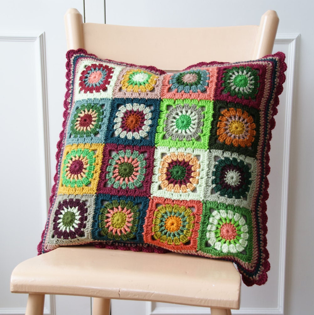 Crochet 'grannie square' cushion cover