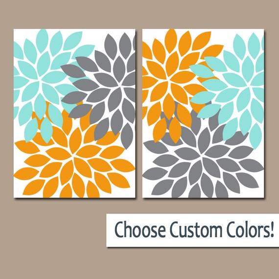 Aqua Gray Orange WALL ART Canvas or Prints Bathroom Artwork
