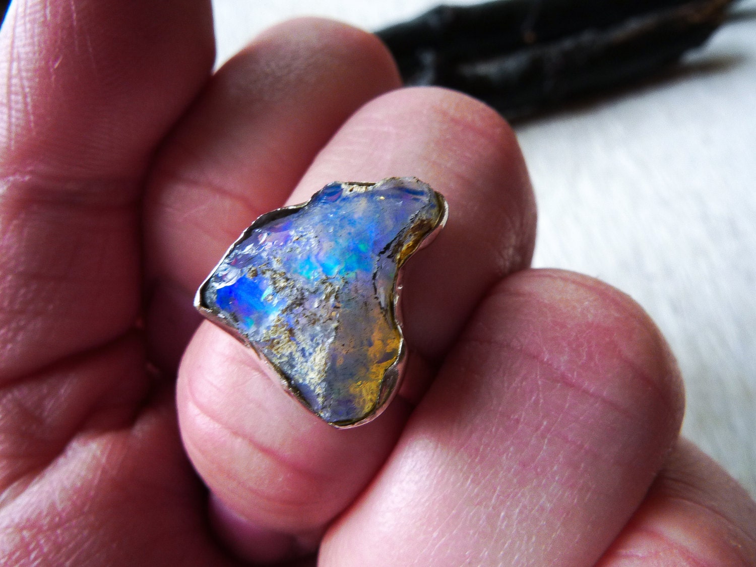 Raw opal ring Australian opal ring Rough opal ring Fire