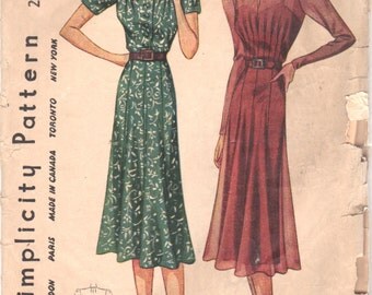 1930s Simplicity 2980 Misses Dress Pattern Sweetheart Neck Stylish Tucking Flared Skirt Womens Vintage Sewing Pattern Size 18 Bust 36