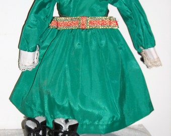 Shirley Temple "LITTLE CAROLER" Green Satin Dress w/ Fur Lined Black Leather Boots