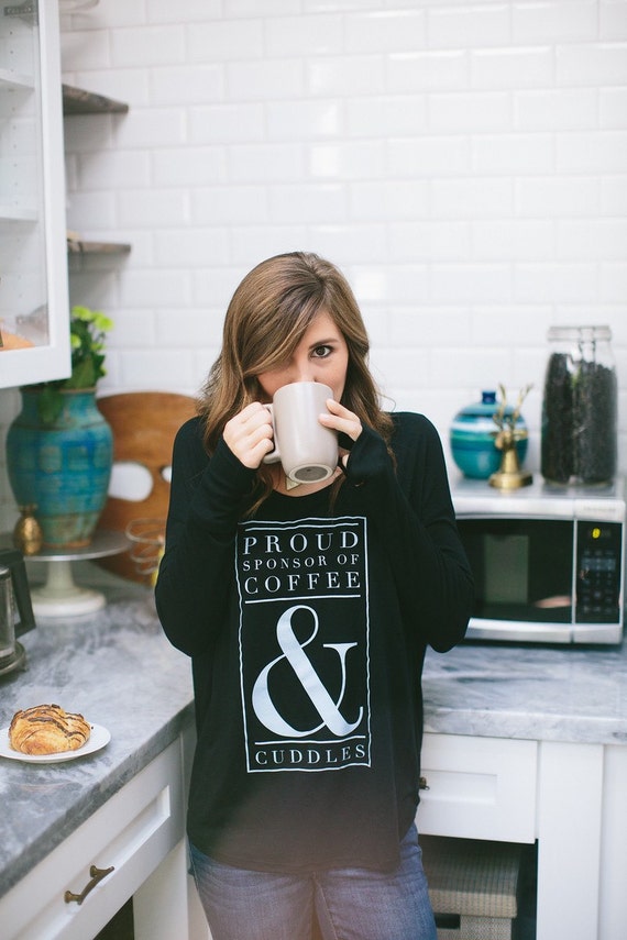Coffee & Cuddles Women's Black Long Sleeve Graphic Tee Shirt