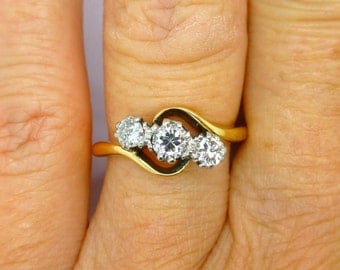 Antique engagement ring 18ct Platinum Diamond 3 Three stone bypass ring c1930's English Estate Trilogy crossover 0.40ct*FREE SHIPPING**