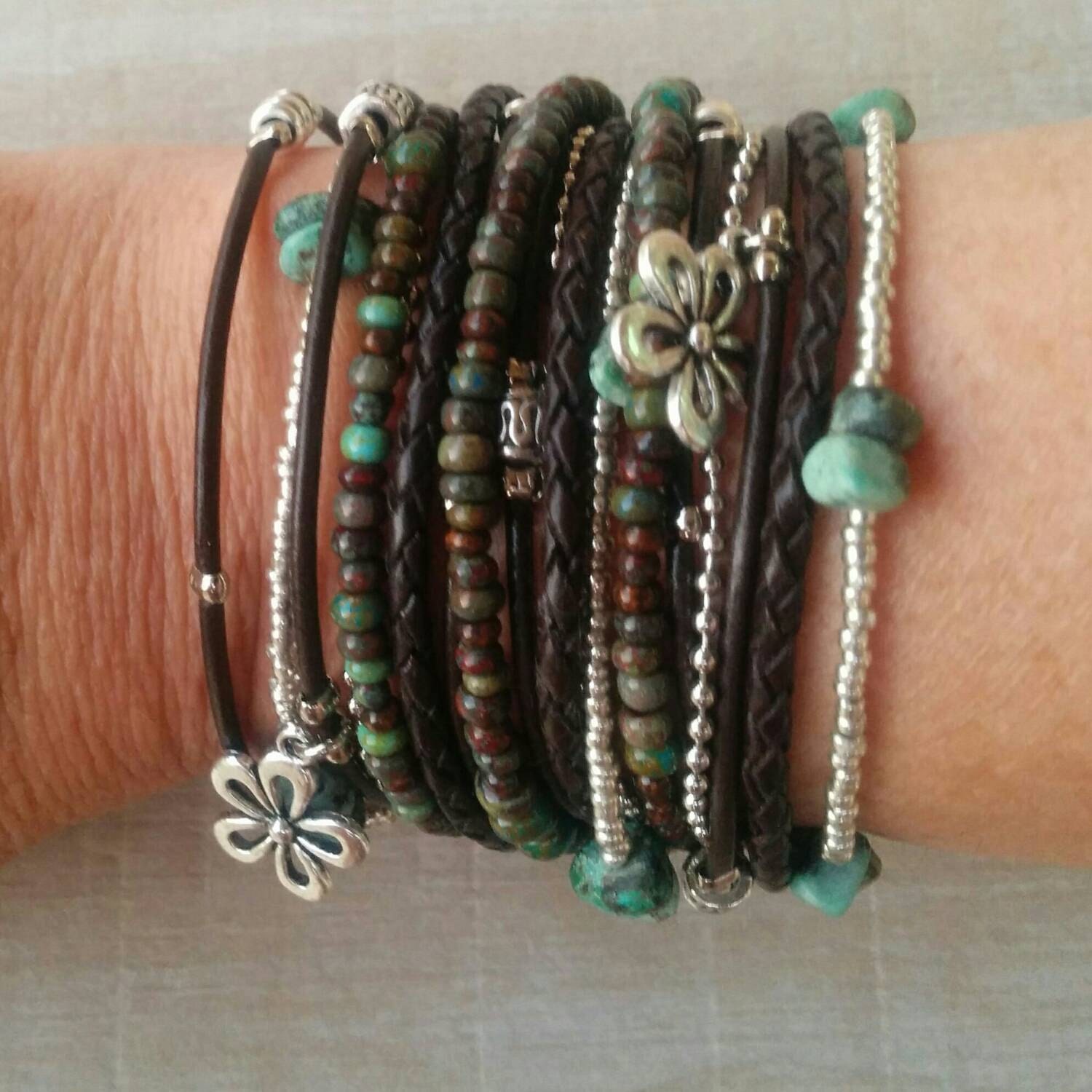 Boho Wrap Bracelet Multistrand Brown Leather Beaded Cuff