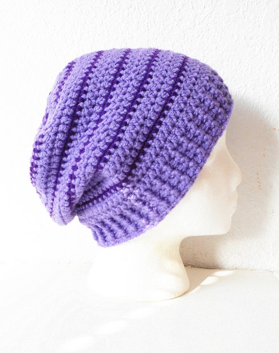 Slouchy Skullcap in Lilac with Eggplant Pinstripes. 