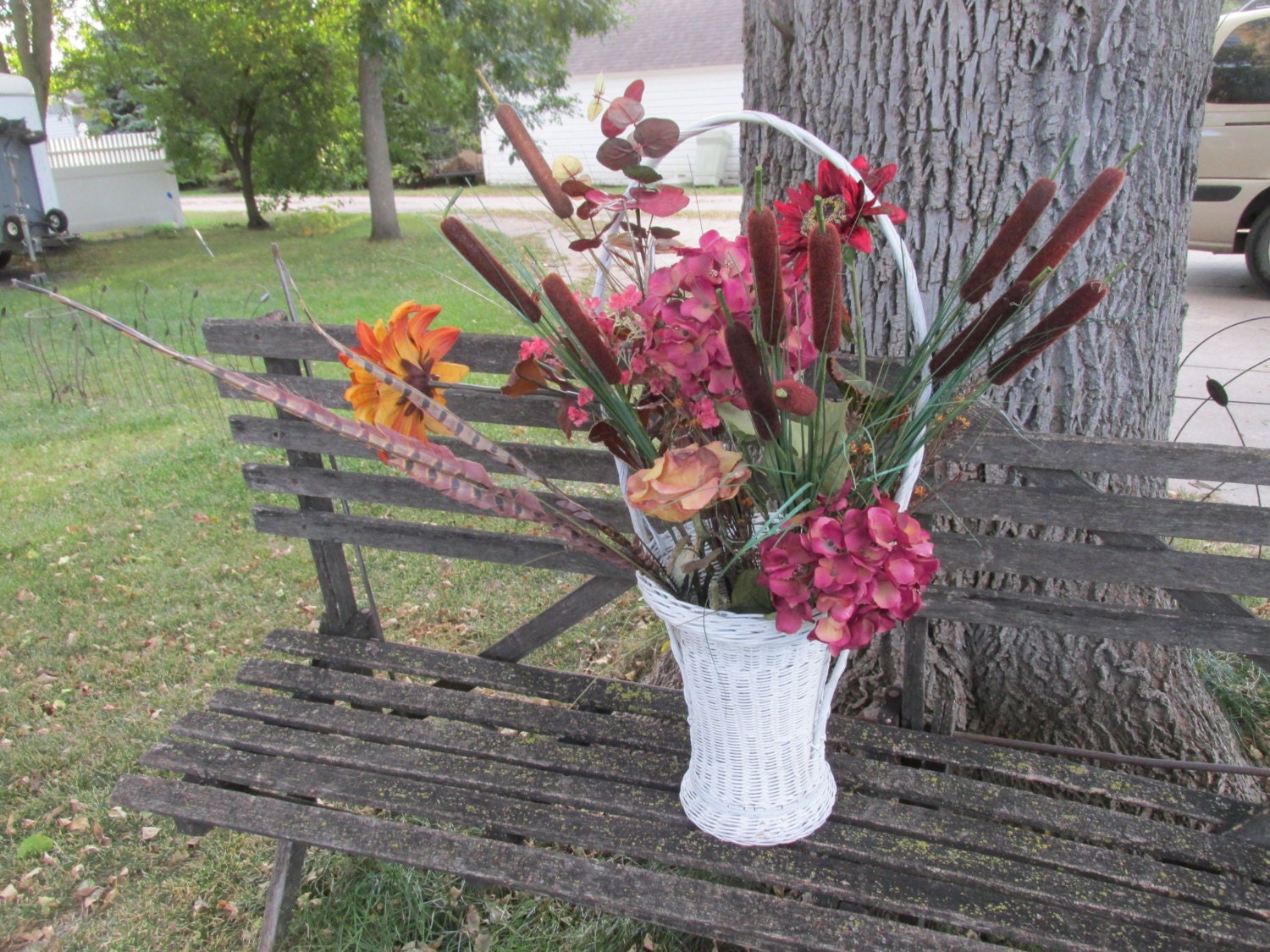 Vintage Wicker Basket Tall with Even Taller Handle White