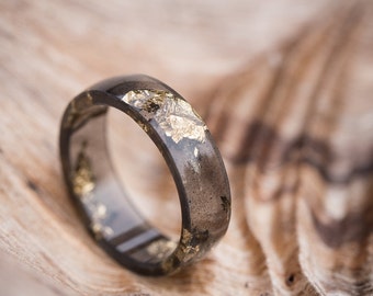 Black Resin Ring Men Ring Gold Flakes Big Size 12 Size 10 Smooth Ring OOAK for him dark gray minimalist jewelry