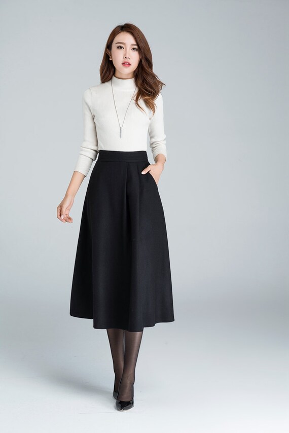 midi skirt A line skirt wool skirt ladies skirt black