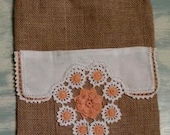 One Of A Kind Tall BURLAP Tote with Vintage Orange Crocheted Flowers and Lace Doily OFG RDT ATGCele