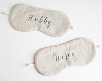 Couples Sleeping Mask Set // Hubby & Wifey Sleep Mask // Natural Linen Eye Mask // Wedding or Anniversary Gift // His and Hers eye mask set