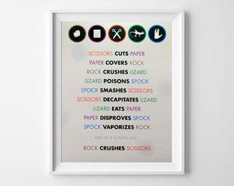Instant Download - The Big Bang Theory - Rock Paper Scissors Lizard Spock - 8.5x11 Print PDF