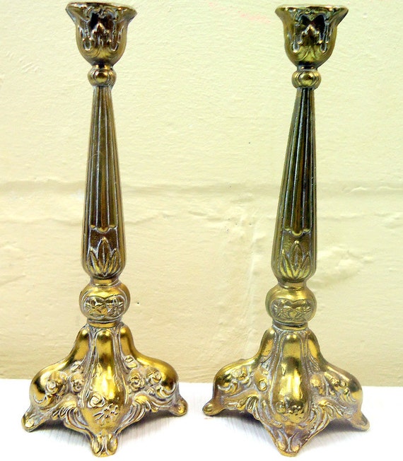 1900's Art Nouveau Pot Metal Candle Holder Set of Two