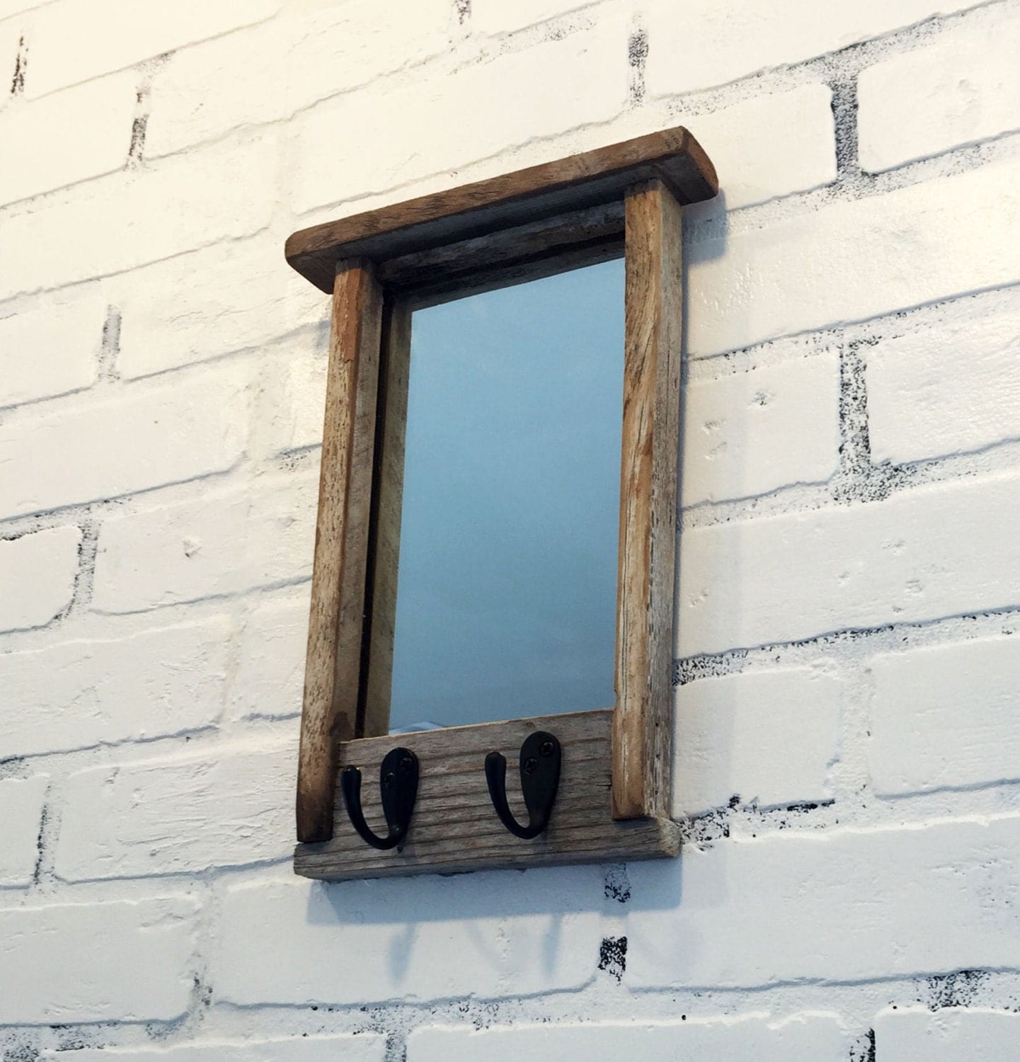 Entryway Mirror with Two Coat Hooks Rustic Reclaimed Wood