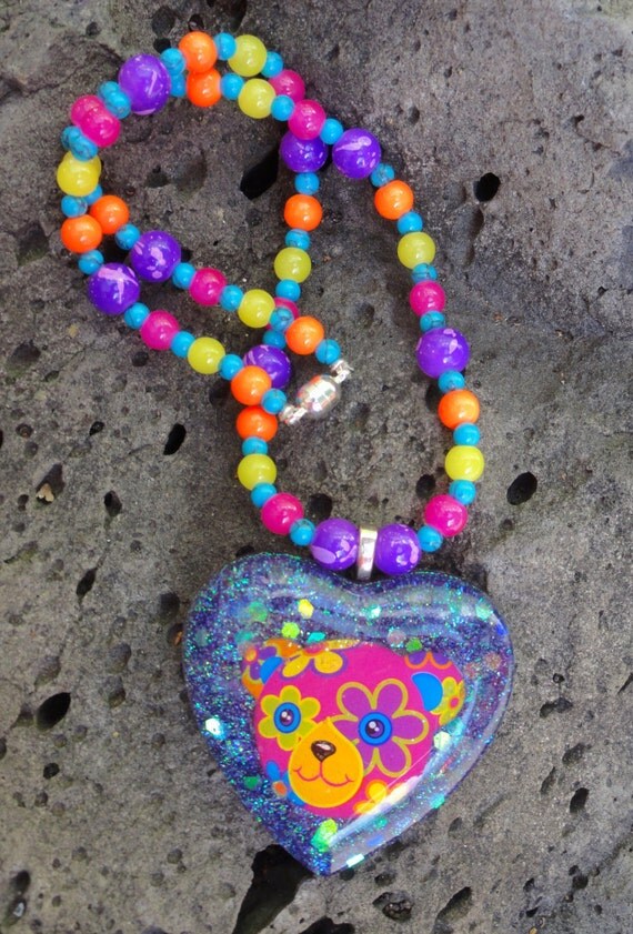 Lisa Frank Bear Vintage 90's Resin Heart Beaded Necklace