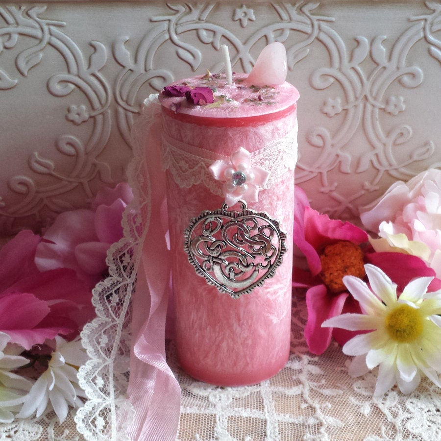 Goddess Aphrodite Pillar Candle with Rose Quartz Gem Stonee