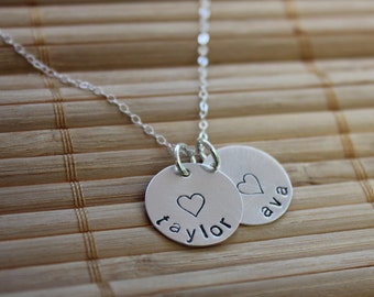 Family Necklace, Hand Stamped Two Charm Name Necklace in Sterling Silver