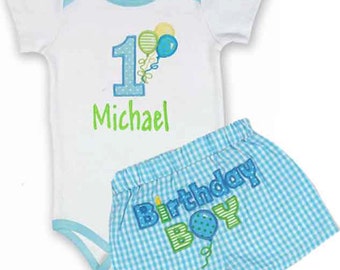 Personalized Baby Boy First Birthday Outfit Fun Balloons Design