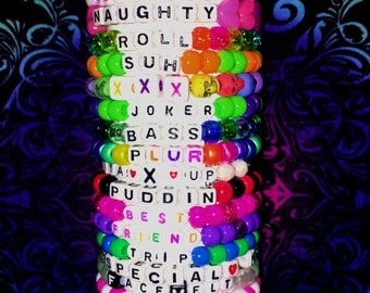 5 Lot Size- Rave Kandi Bracelets, Rave wear, Custom Beaded Bracelets, Letter Bracelets, Music Festival, EDC Bead
