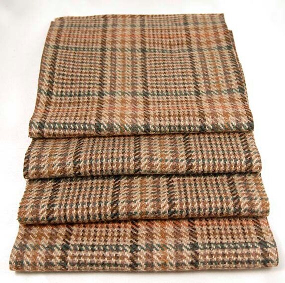 WOOL TWEED PIECES Brown Plaid Reclaimed Woolen Fabric Scraps
