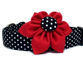 Dog Collar with Flower, Red Black Dog Collar, Polka Dot Dog Collar, Red Flower Collar, Dog Collar Flower, Girl Dog Collar, Red Black Collar
