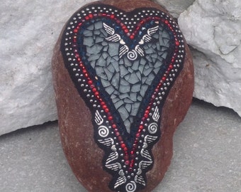 Angel Wing Mosaic Heart, Smoked Gray Heart, Mosaic Rock, Garden Stone, Home Decor, Gardener Gift, Garden Decor,