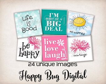Happy & Fun Sayings 1 Graphics Digital Collage Sheet - 1 inch Squares for Tile Pendants - INSTANT DOWNLOAD