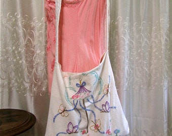 Vintage Embroidery Bag, handmade shabby linen purse, eco friendly, upcycled, butterfly flowers fabric bag